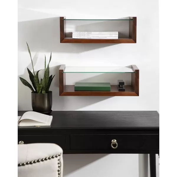 imageKate and Laurel Holt Midcentury Floating Shelf 18 x 10 Walnut Brown Sophisticated Glass and Storage Shelf for Storage and DisplayWalnut Brown