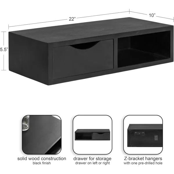 imageKate and Laurel Hutton Modern Mounted Floating Side Table Shelf with Pull Out Drawer for Storage or Decorative Display 22x10x6 BlackBlack