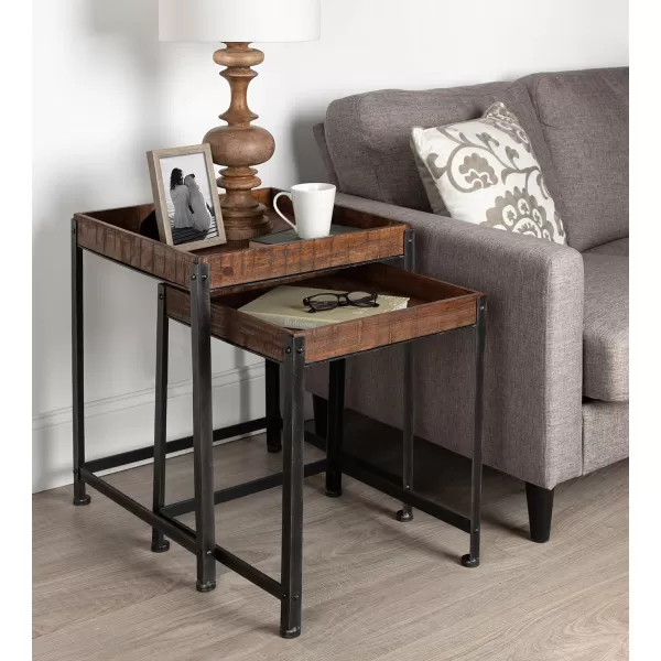 imageKate and Laurel Marsh 2Piece RusticModern Side Accent Tables with Star Pattern Wooden Tray Top and Distressed Black Metal Base