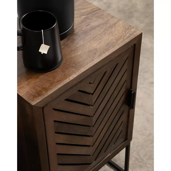 imageKate and Laurel Mezzeta Modern Scandinavian Boho Decorative One Side Table with Slatted Cabinet Door and Metal Rectangle Base 15x12x26 Natural