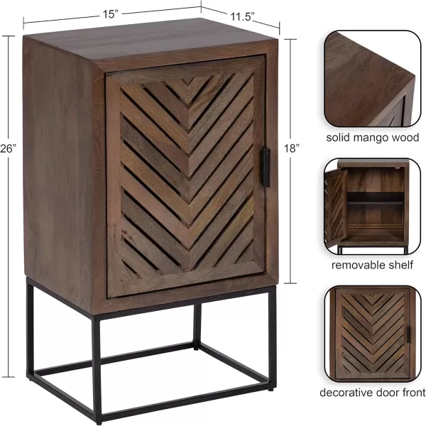 imageKate and Laurel Mezzeta Modern Scandinavian Boho Decorative One Side Table with Slatted Cabinet Door and Metal Rectangle Base 15x12x26 Natural