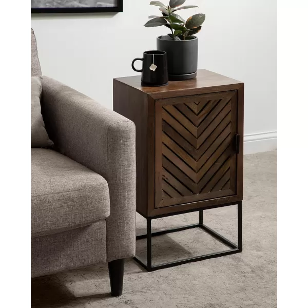 imageKate and Laurel Mezzeta Modern Scandinavian Boho Decorative One Side Table with Slatted Cabinet Door and Metal Rectangle Base 15x12x26 Natural