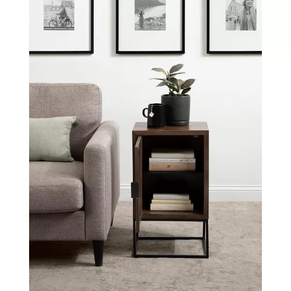 imageKate and Laurel Mezzeta Modern Scandinavian Boho Decorative One Side Table with Slatted Cabinet Door and Metal Rectangle Base 15x12x26 Natural