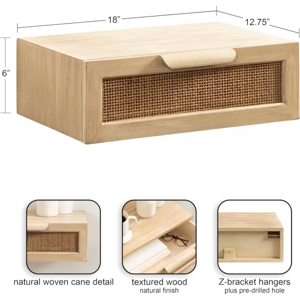imageKate and Laurel Ori Transitional Cane Floating Side Table 18 x 13 x 6 Natural Wood Mounted Rattan Wall Shelf with Drawer for StorageNatural
