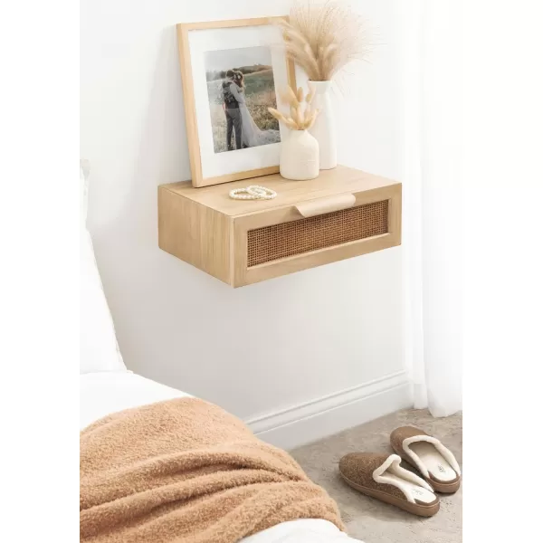 imageKate and Laurel Ori Transitional Cane Floating Side Table 18 x 13 x 6 Natural Wood Mounted Rattan Wall Shelf with Drawer for StorageNatural
