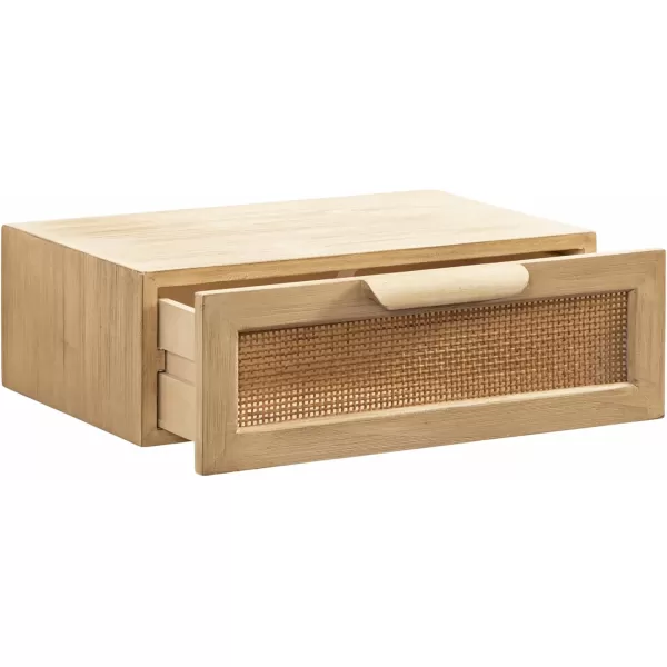 imageKate and Laurel Ori Transitional Cane Floating Side Table 18 x 13 x 6 Natural Wood Mounted Rattan Wall Shelf with Drawer for StorageNatural
