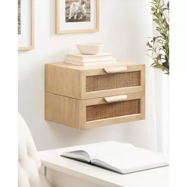 imageKate and Laurel Ori Transitional Cane Floating Side Table 18 x 13 x 6 Natural Wood Mounted Rattan Wall Shelf with Drawer for StorageNatural