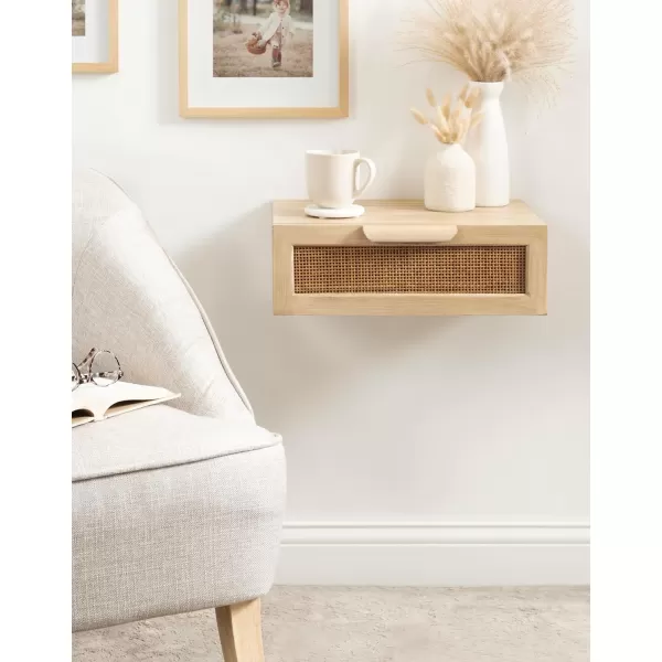 imageKate and Laurel Ori Transitional Cane Floating Side Table 18 x 13 x 6 Natural Wood Mounted Rattan Wall Shelf with Drawer for StorageNatural