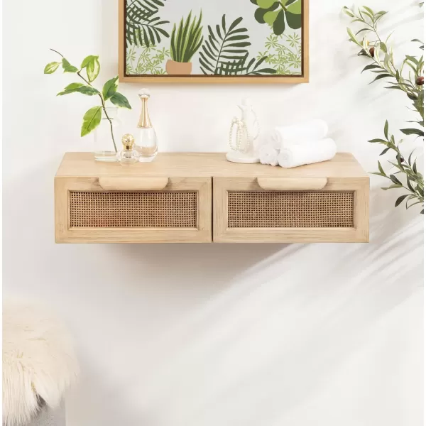 imageKate and Laurel Ori Transitional Cane Rattan Floating Console Table with PullOut Storage Drawers 28x13x6 Natural