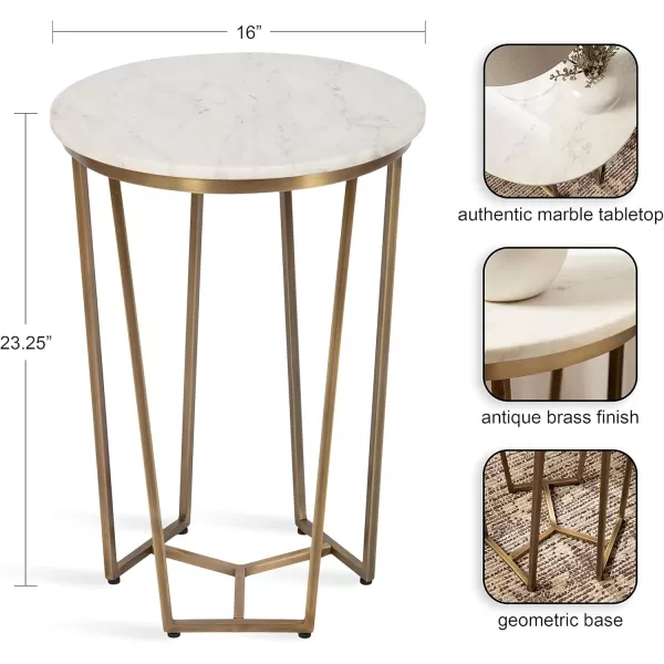 imageKate and Laurel Solvay Round Metal and Marble Side Table 16 x 16 x 24 White Marble and Antique Brass Modern Glam Bedroom Nightstand Table with Premium Natural Marble Stone and Iron Base