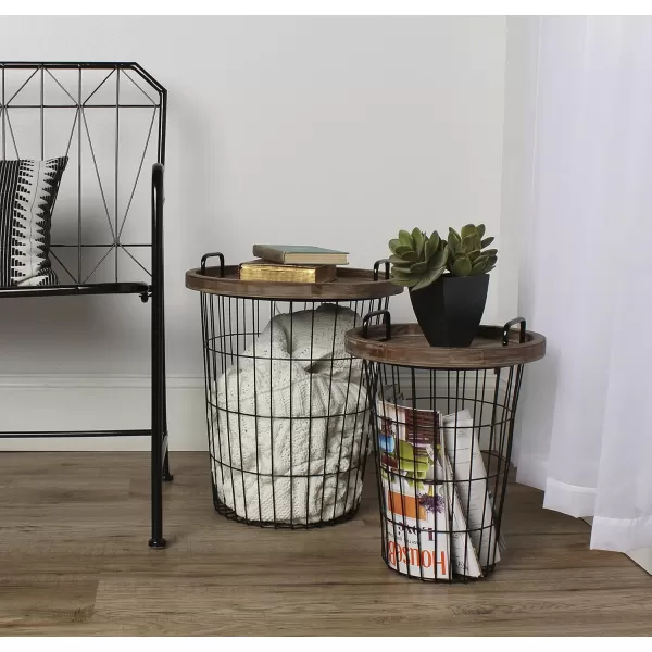 imageKate and Laurel Tenby Nesting Metal and Wood Tray Basket End Tables Black with Rustic Brown Tops