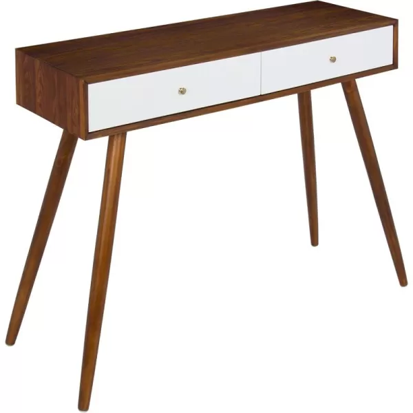 imageKate and Laurel Finco Midcentury Modern Style 2 Drawer Console Table Walnut Brown and White Finish with Brass Hardware