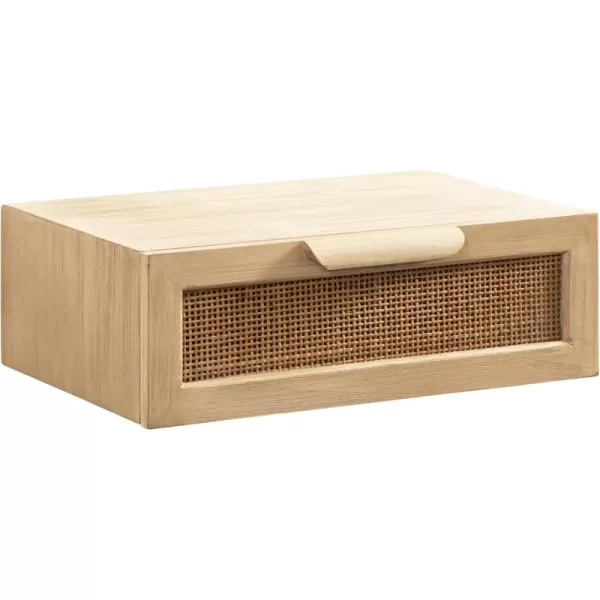 imageKate and Laurel Ori Transitional Cane Floating Side Table 18 x 13 x 6 Natural Wood Mounted Rattan Wall Shelf with Drawer for StorageNatural