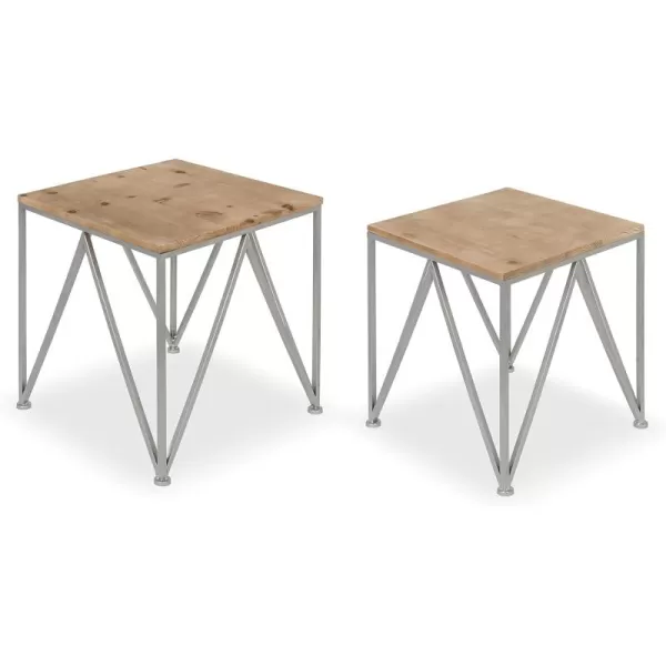 imageKate and Laurel Uzma 2Piece Modern Side Accent Tables Geometric Metal Silver Base with Natural Wood Tops