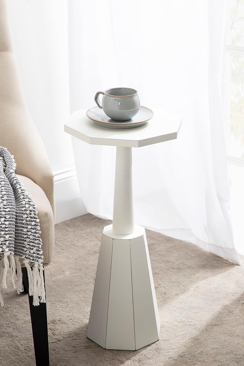 imageKate and Laurel Octavia Modern Farmhouse Accent Drink Table with Distressed White Finish and Sturdy Octagon Base for Lovely Coastal Home Decor 11x11x24