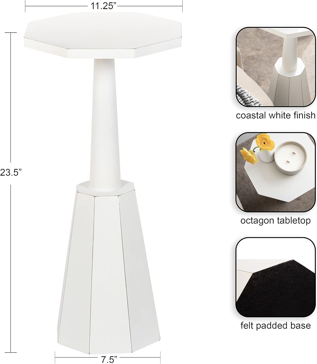 imageKate and Laurel Octavia Modern Farmhouse Accent Drink Table with Distressed White Finish and Sturdy Octagon Base for Lovely Coastal Home Decor 11x11x24