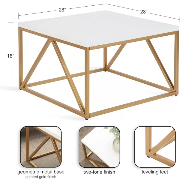 imageKate and Laurel Kaya Modern Glam Square Coffee Table with Geometric Metal Base and TwoTone Mixed Materials Design 28x28x18 WhiteGold