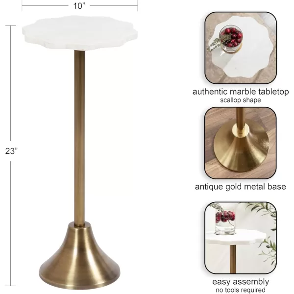 imageKate and Laurel Sanzo Modern Pedestal Drink Table 10 x 10 x 23 Antique Brass and White Decorative End Table with Scalloped Marble Tabletop for Use as Small Plant Stand or Cute Martini Table