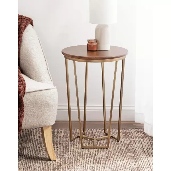 imageKate and Laurel Solvay Modern Glam Round Side Table with Premium Natural Tabletop and Metal Base 16x16x24 Walnut BrownGoldWalnut BrownGold