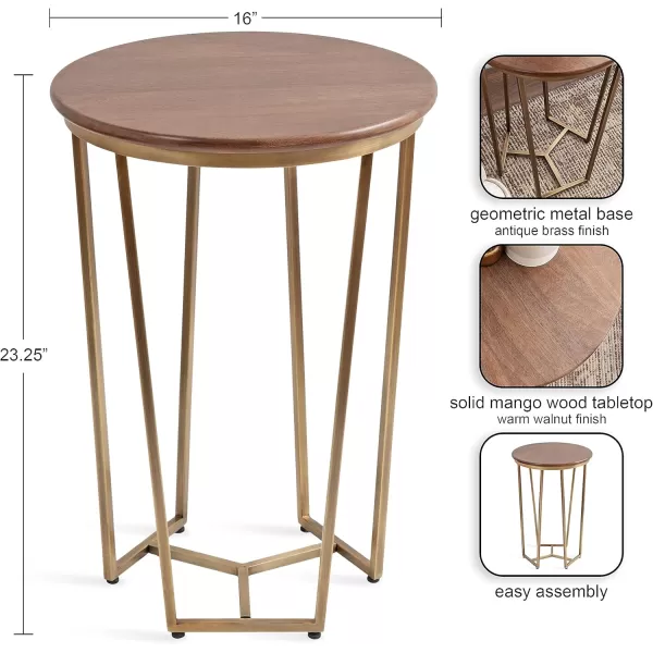 imageKate and Laurel Solvay Modern Glam Round Side Table with Premium Natural Tabletop and Metal Base 16x16x24 Walnut BrownGoldWalnut BrownGold