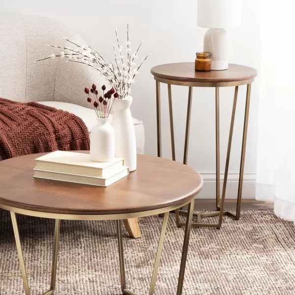 imageKate and Laurel Solvay Modern Glam Round Side Table with Premium Natural Tabletop and Metal Base 16x16x24 Walnut BrownGoldWalnut BrownGold