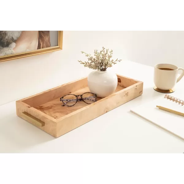 imageKate and Laurel Burlock Modern Decorative Burlwood Rectangle Tray with Handles 8 x 19 Natural Wood and Gold Transitional Rectangular Tray for Use as Entryway Tray Decor or Ottoman Serving Tray