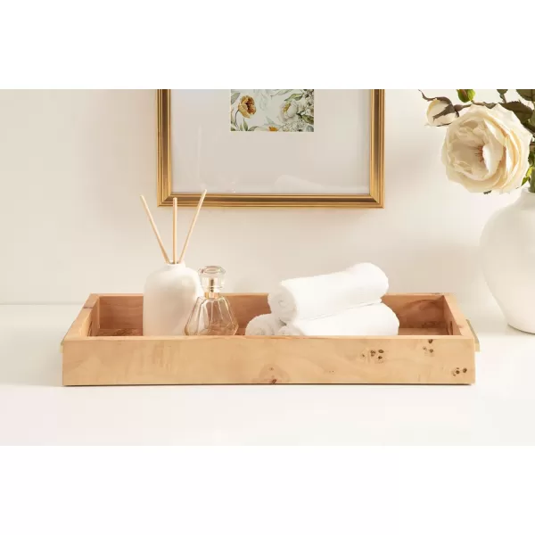 imageKate and Laurel Burlock Modern Decorative Burlwood Rectangle Tray with Handles 8 x 19 Natural Wood and Gold Transitional Rectangular Tray for Use as Entryway Tray Decor or Ottoman Serving Tray