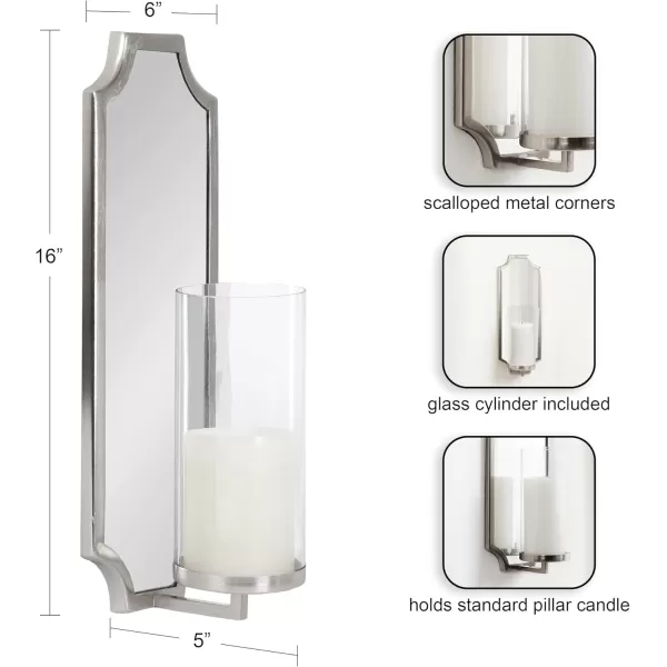 imageKate and Laurel Ciel Glam Mirrored Wall Sconce 6 x 5 x 16 Silver Traditional Scalloped Candle Holder with Removable Glass Cylinder and Mirror for Bathroom or Bedroom Wall DecorSilver