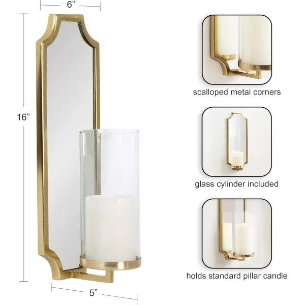 imageKate and Laurel Ciel Glam Mirrored Wall Sconce 6 x 5 x 16 Silver Traditional Scalloped Candle Holder with Removable Glass Cylinder and Mirror for Bathroom or Bedroom Wall DecorGold