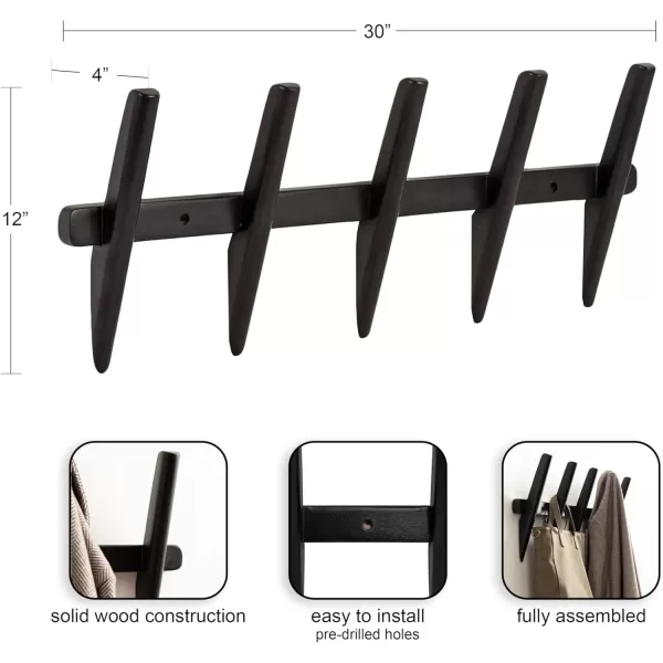 imageKate and Laurel Eland Modern FiveHook Wall Hanging Coat Rack 30 x 4 x 12 Black Decorative Wood Coat Rack Wall Mount for Use as Entryway Storage or Mudroom Hooks
