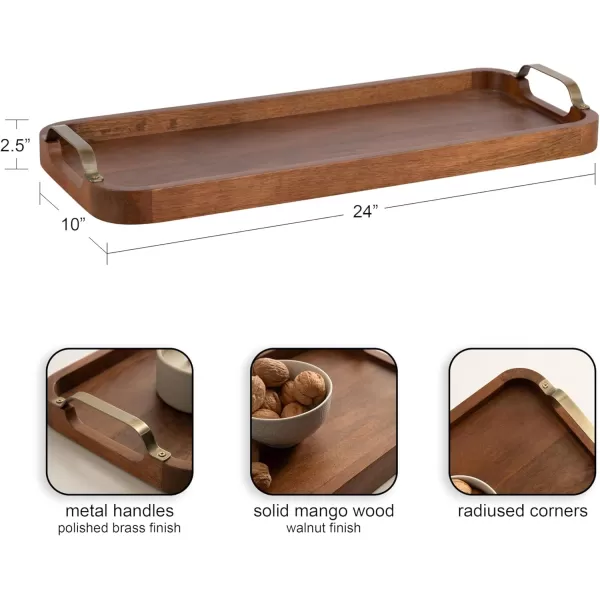 imageKate and Laurel Farson Modern Decorative Wood Rectangle Tray with Handles 10 x 24 Walnut Brown and Antique Brass Transitional Rectangular Tray for Use as Entryway Tray Decor or Ottoman Serving Tray