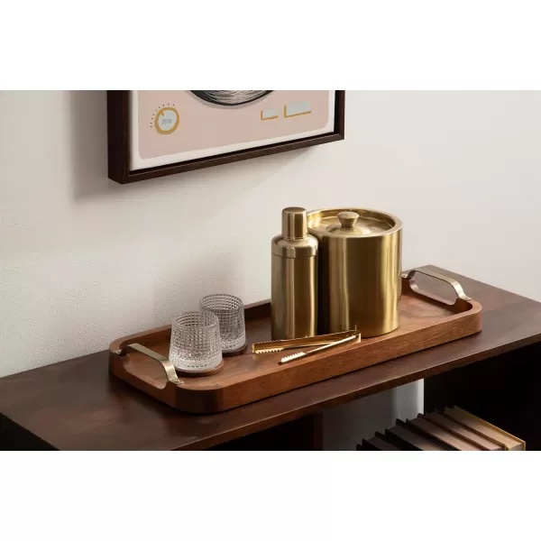 imageKate and Laurel Farson Modern Decorative Wood Rectangle Tray with Handles 10 x 24 Walnut Brown and Antique Brass Transitional Rectangular Tray for Use as Entryway Tray Decor or Ottoman Serving Tray