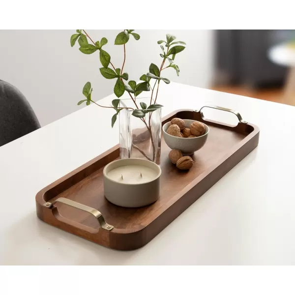 imageKate and Laurel Farson Modern Decorative Wood Rectangle Tray with Handles 10 x 24 Walnut Brown and Antique Brass Transitional Rectangular Tray for Use as Entryway Tray Decor or Ottoman Serving Tray