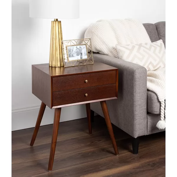 imageKate and Laurel Finco Midcentury Modern Style Side Table with 2 Drawers Walnut Brown Finish with Brass Hardware