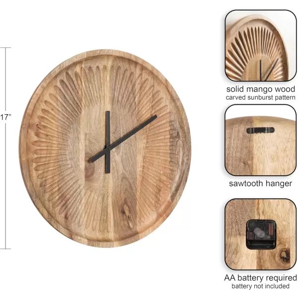 imageKate and Laurel Grear Modern Numberless Round Wall Clock 17 Inch Diameter Natural Wood Decorative Minimal Carved Wood Clock for Bedroom Entryway or Living Room DecorNatural
