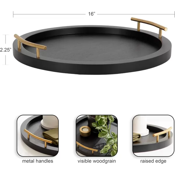 imageKate and Laurel Halsey Decorative Wooden Round Tray with Polished Metal Handles 16 Inch Diameter Black and Gold Modern Glam Wood Circle Serving Tray for Use as Ottoman Tray or Coffee Table Tray