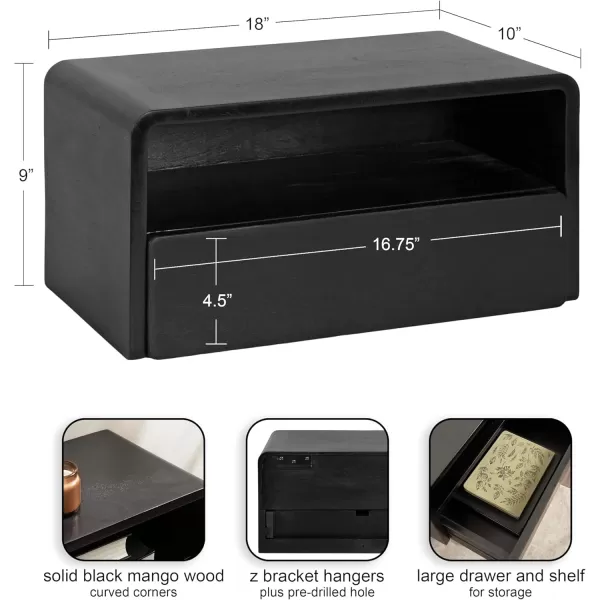 imageKate and Laurel Kato Modern Wood Floating Side Table with Drawer 18 x 10 x 9 Black Contemporary Wooden Floating Nightstand for Bedroom Bedside Table
