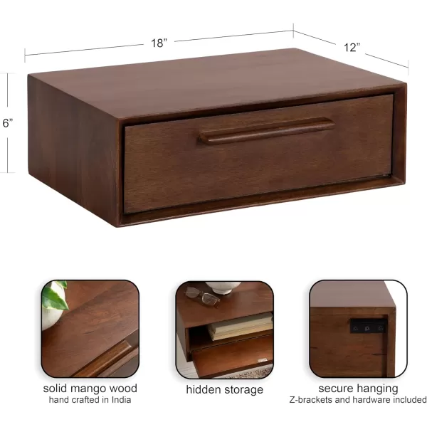 imageKate and Laurel McCutcheon Floating Wood Storage Shelf 18 x 12 x 6 Walnut Brown Decorative Transitional Floating Bedroom Nightstand with a Concealed Cubby Compartment