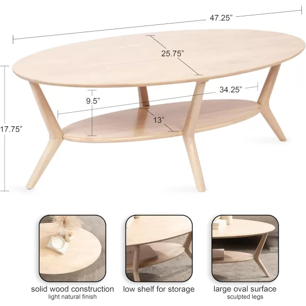 imageKate and Laurel Nylah MidCentury Modern Oval Coffee Table with Storage for Living Room Home Decor 48x26x18 Natural