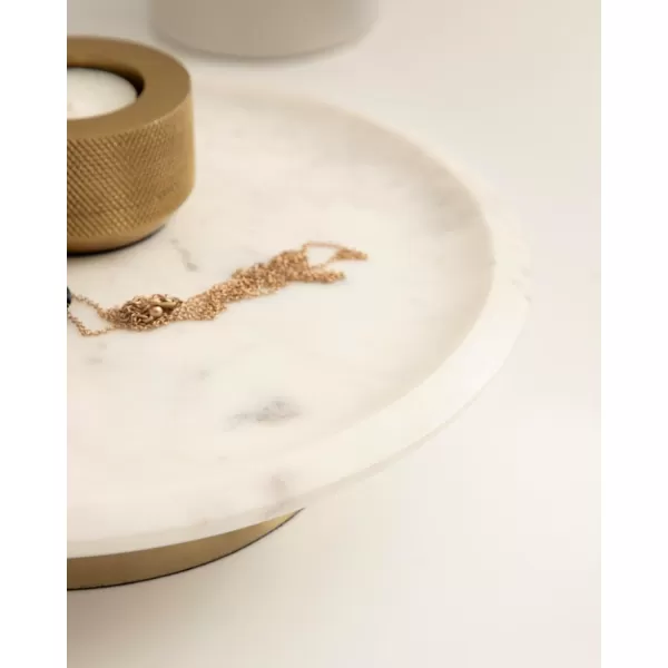 imageKate and Laurel Sevienne Modern Glam Round Marble Tray 10 Inch Diameter White and Gold Contemporary Scooped Pedestal Tray for Use as Entryway Tray Catchall or Small Coffee Table Tray