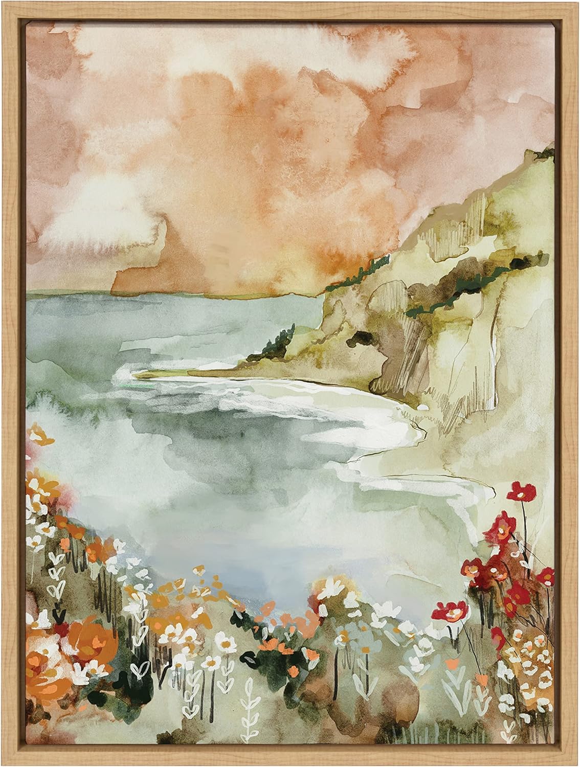 imageKate and Laurel Sylvie Landscape 04 Framed Canvas Wall Art by Annie Quigley 18x24 White Soft Watercolor Nature Landscape with Lake Art for Wall DcorNatural