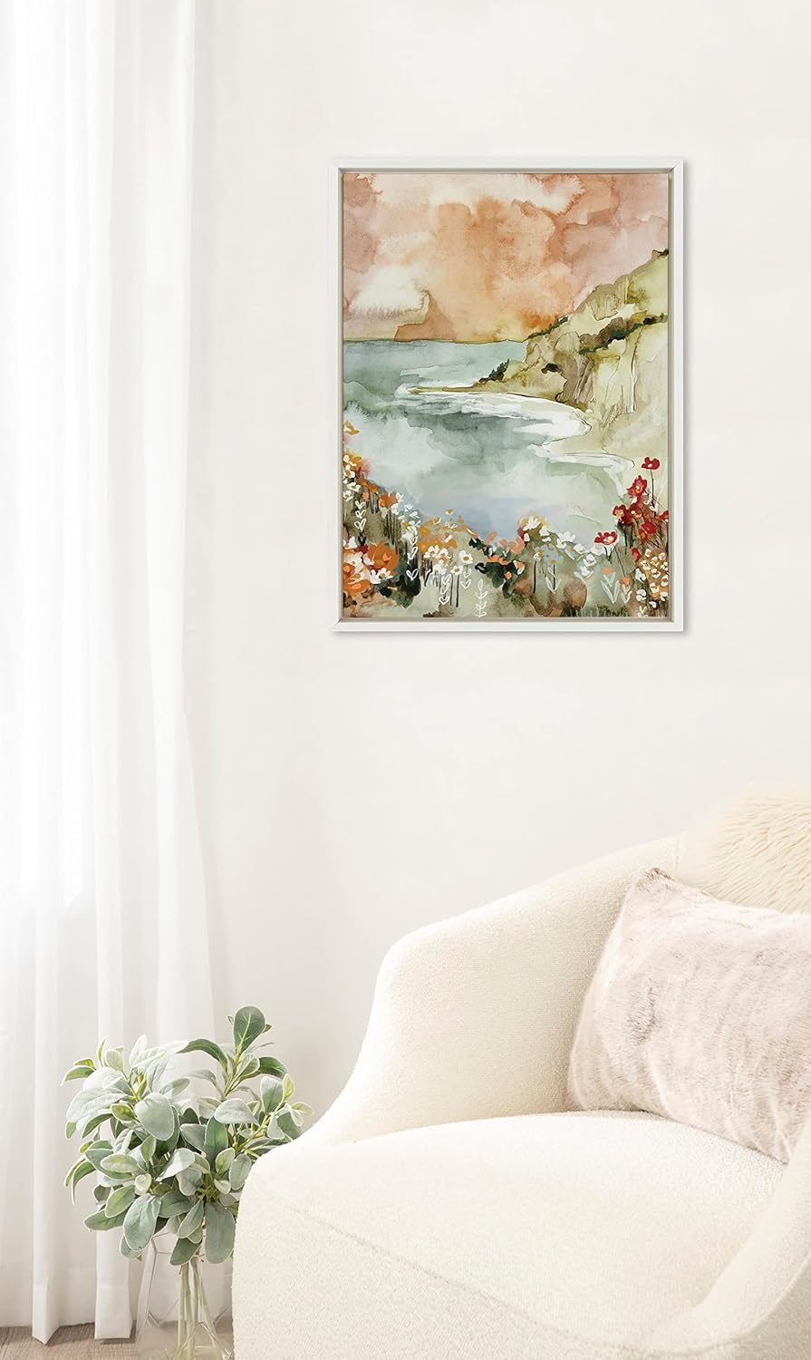 imageKate and Laurel Sylvie Landscape 04 Framed Canvas Wall Art by Annie Quigley 18x24 White Soft Watercolor Nature Landscape with Lake Art for Wall DcorWhite