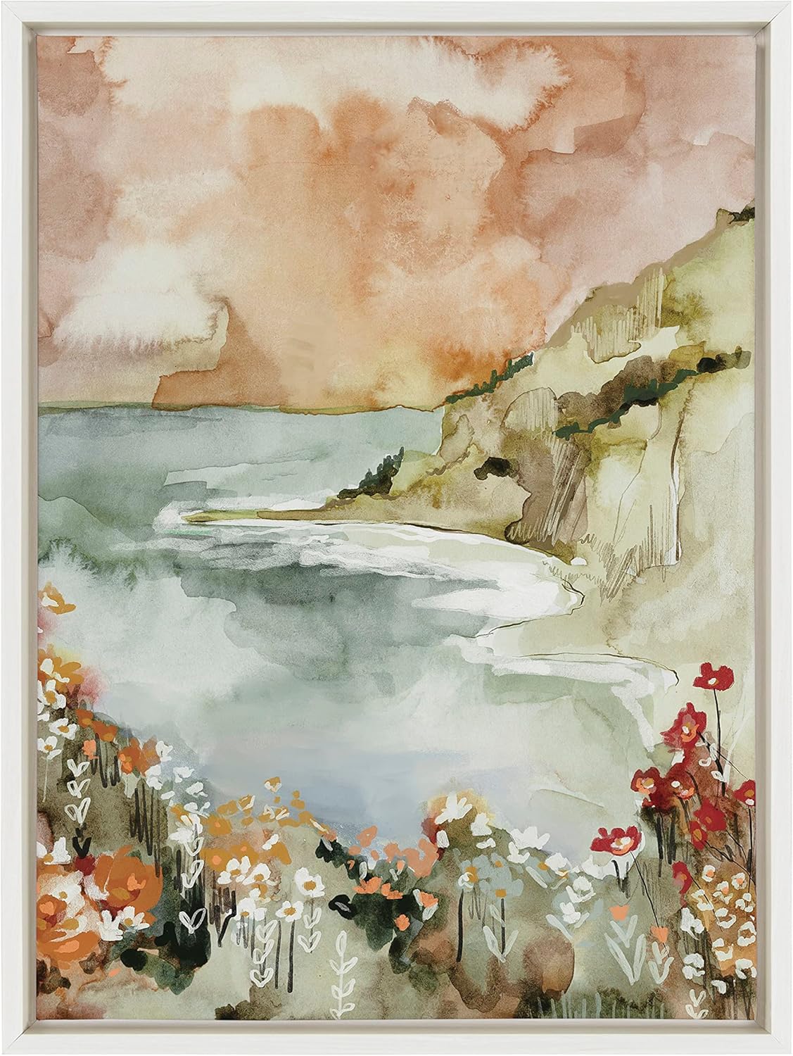 imageKate and Laurel Sylvie Landscape 04 Framed Canvas Wall Art by Annie Quigley 18x24 White Soft Watercolor Nature Landscape with Lake Art for Wall DcorWhite