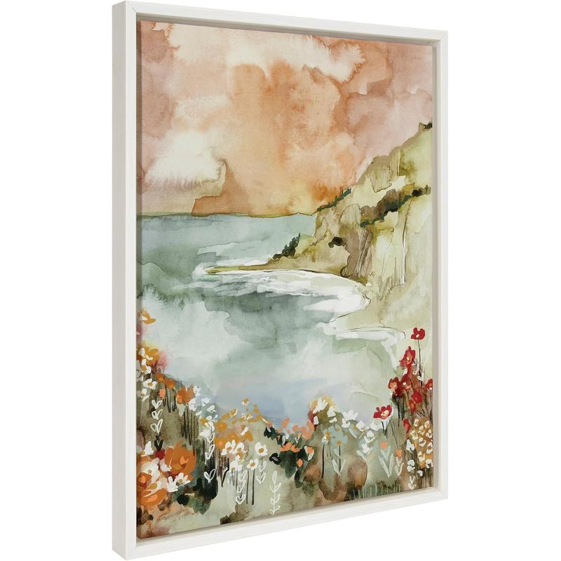 imageKate and Laurel Sylvie Landscape 04 Framed Canvas Wall Art by Annie Quigley 18x24 White Soft Watercolor Nature Landscape with Lake Art for Wall DcorWhite