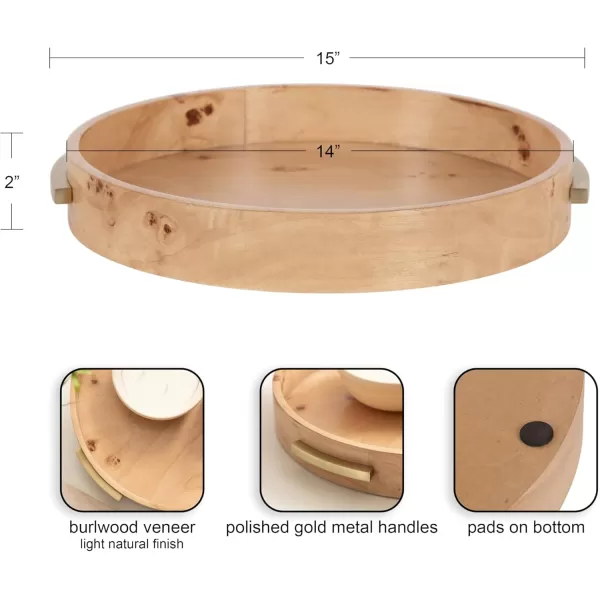imageKate and Laurel Burlock Modern Decorative Burlwood Round Tray with Handles 15 x 15 Natural Wood and Gold Transitional Circle Tray for Use as Entryway Tray Decor or Ottoman Serving Tray