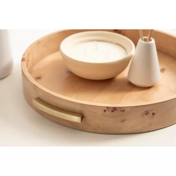 imageKate and Laurel Burlock Modern Decorative Burlwood Round Tray with Handles 15 x 15 Natural Wood and Gold Transitional Circle Tray for Use as Entryway Tray Decor or Ottoman Serving Tray