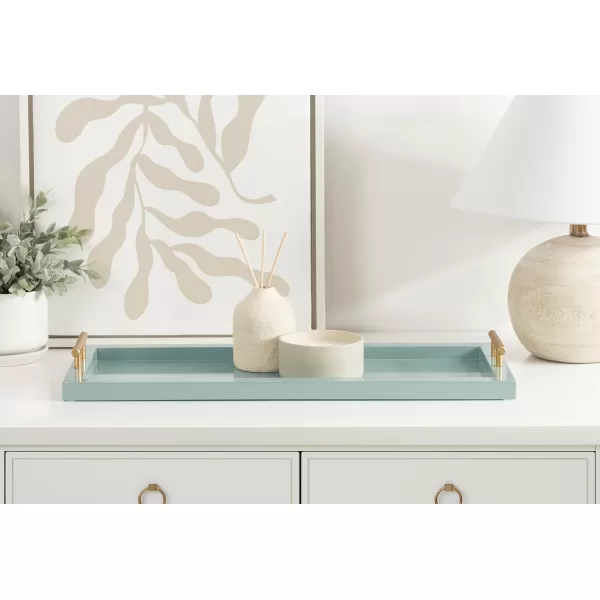 imageKate and Laurel Halsey Rectangle Decorative Narrow Tray with Gold Metal Handles 24 x 10 Blue and Gold Modern Glam Slim Serving Tray with Handles for Living Room Decor