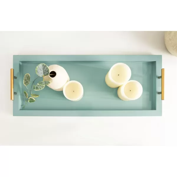 imageKate and Laurel Halsey Rectangle Decorative Narrow Tray with Gold Metal Handles 24 x 10 Blue and Gold Modern Glam Slim Serving Tray with Handles for Living Room Decor