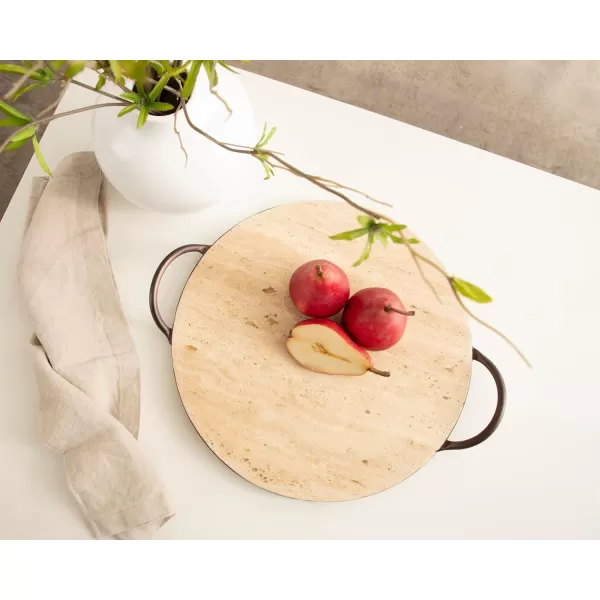 imageKate and Laurel Hazeltine Round Travertine Serving Tray with Handles 14 x 16 Natural Travertine and Bronze Transitional FoodSafe Stone Circle Tray for Coffee Table Tray or Charcuterie Board
