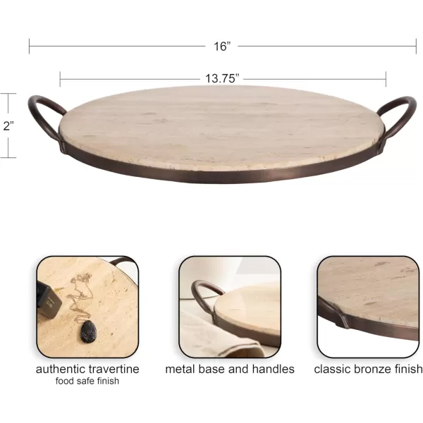 imageKate and Laurel Hazeltine Round Travertine Serving Tray with Handles 14 x 16 Natural Travertine and Bronze Transitional FoodSafe Stone Circle Tray for Coffee Table Tray or Charcuterie Board